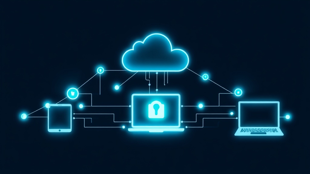클라우드 데이터 보안과 동기화를 상징하는 추상적인 그래픽 이미지