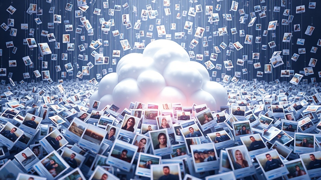 수많은 디지털 사진 파일들이 클라우드 서버로 업로드되는 추상적인 개념도